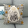 Linen square pillowcase with Happy Easter print and golden eggs on a grey sofa - 18x18 Inch / Beige Handwritten English Egg Style (8)