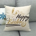 Close-up of Happy Easter linen pillowcase with rabbit and heart patterns on grey sofa - 18x18 Inch / Beige Gold English Rabbit Outline Style (9)