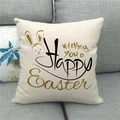 Close-up of Happy Easter linen pillowcase with rabbit print on a gray fabric sofa - 18x18 Inch / Beige Gold Brown Hand-drawn Rabbit Style (13)