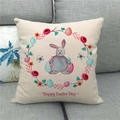 Close-up of Happy Easter Day linen pillowcase with bunny and floral wreath on a sofa - 18x18 Inch / Beige Grey Rabbit Wreath Style (18)