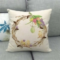 Close-up of Easter linen pillowcase featuring hand-drawn chicks and eggs on floral wreath - 18x18 Inch / Beige Chick Wreath Style (19)