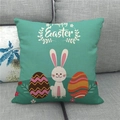 Linen Happy Easter pillowcase featuring a white rabbit and colorful eggs on a sofa - 18x18 Inch / Teal Happy Easter White Rabbit (5)
