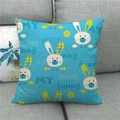 Sky blue linen pillowcase with bunny pattern and MY sweet bunny text on a grey sofa - Sky Blue Polka Dot Rabbit Style (3)