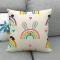 Linen Easter pillow cover detail with cute cartoon rabbit and rainbow on grey sofa - 18x18 Inch / Off-White Rainbow Heart Rabbit (8)