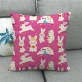 Detailed texture of pink linen Easter pillowcase with cartoon rabbit patterns on grey sofa - 18x18 Inch / Magenta All-Over Cartoon Rabbit (14)