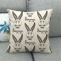 Detail showing natural linen texture and black rabbit print on a square pillow cover - Bonjour Beard Rabbit Style (13)