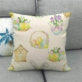 Close-up of Easter linen pillowcase with watercolor bunny and eggs on a sofa - 18x18 Inch / Off-White Retro Watercolor Rabbit Ears (18)