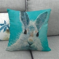 Easter rabbit oil painting linen throw pillow cover on a gray sofa 45x45cm size - Blue Art Oil Style Rabbit (16)