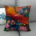 Détail de la housse de coussin en lin avec bouddha aquarelle et motif éléphant - Bouddha Couché Cheveux Bleus et Éléphant Coloré Style (5)