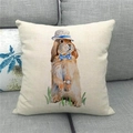 Detailed texture of linen Easter pillow cover with anthropomorphic rabbit on a gray sofa - Rabbit Wearing Top Hat And Pocket Watch (8)