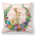 Easter peach skin pillowcase with watercolor bunny and eggs on pink white stripes - 18x18 Inch / Pink and White Striped Easter Bunny Wreath (37)