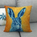 Artistic Easter linen pillowcase with blue rabbit oil painting style on orange background - Oil Brushstroke Blue Rabbit (11)