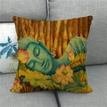 Texture détaillée de la housse de coussin en lin avec motif Bouddha et lotus sur un canapé - Tête de Bouddha avec Lotus Rose et Bambou Doré Style (11)