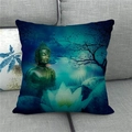 Détail de housse de coussin en lin avec bouddha Amitabha et motif de fleur de lotus zen - Bouddha Turquoise Lotus et Silhouette d'Arbre Style (14)