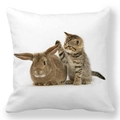 Detailed view of square pillowcase featuring a kitten touching a rabbit on white fabric - 18x18 Inch / Cat Touching Bunny Ears (11)