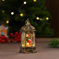 Detail of Nativity scene inside a bronze vintage Christmas lantern with warm LED glow - Water-filled Hexagonal Lamp-Religious Figures