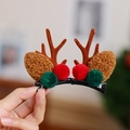 Christmas reindeer antler hair clips with plush ears and festive colorful pompoms - Brown Antler With Pom-poms