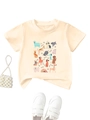 Detail of kids cotton T-shirt featuring cartoon dogs with bone and ball pattern print - Apricot / 90cm