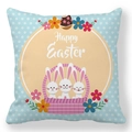 Λεπτομέρεια μαξιλαροθήκης Happy Easter με κουνέλια σε καλάθι και πασχαλινά αυγά - Μπλε Πουά Καλάθι Κουνελιού (4)