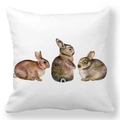 Detailed close-up of three watercolor rabbits on a soft white peach skin pillowcase - 18x18 Inch / Watercolor Three Bunnies (18)
