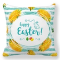 Nahaufnahme von Oster-Kissenbezug mit Hasenmotiv und gelben Löwenzahn-Details - 45x45cm / Cyan Welle Happy Easter (16)