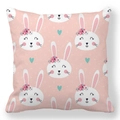 Detail of pink Easter cushion cover featuring cute bunny pattern and floral motifs - 18x18 Inch / Pink Rabbit with Flower Headpiece
