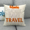 Detail of linen cushion with orange camper van and Work Save Travel Repeat slogan - Work Save Travel Repeat (Style 6)