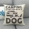 Close-up of linen cushion cover with Camping Is Better With A Dog print and retro RV design - Camping Is Better With A Dog (Style 7)