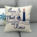 Close-up of linen pillow cover with lighthouse print on a gray fabric sofa decor - Always Be The Light Lighthouse (Style 9)