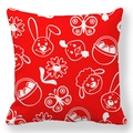 Detail of red Easter bunny peach skin pillowcase with white cartoon egg and floral patterns - 18x18 Inch / Red Cartoon Line Rabbit