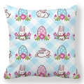 Detail of Easter bunny and egg patterns on light blue checkered peach skin pillowcase - 18x18 Inch / Blue White Plaid Cartoon Rabbit
