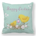 Λεπτομέρεια από μαξιλαροθήκη Happy Easter με κίτρινα κοτόπουλα σε γαλάζιο πουά φόντο - Στυλ με Κίτρινο Κοτόπουλο σε Γαλάζιο Καρό (1)