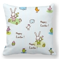 Macro detail of Happy Easter cushion cover with bunnies, eggs and tulips on blue stripes - 18x18 Inch / Light Blue Pinstripe Holiday Rabbit