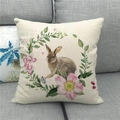 Linen cushion cover with bunny and pink rose floral wreath on gray sofa decor - Wild Rose Butterfly Rabbit Style (20)