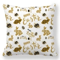 Detail of Happy Easter pillowcase featuring golden rabbit silhouettes and festive typography - 18x18 Inch / White Gold Black Happy Easter