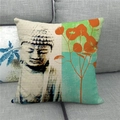 Detailstruktur des Kissenbezugs aus Leinen mit Buddha-Kopf und orangefarbenem Blattdruck - Künstlerisches Split-Color Patchwork Boeddha (14)