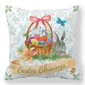 Easter Blessings pillow cover with colorful eggs, rabbits and blue baroque patterns - 18x18 Inch / Easter Blessings Basket and Rabbit (24)