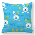 Detail of blue peach skin pillowcase with cute bunny pattern and sweet bunny text - 18x18 Inch / Bright Blue Rabbit Buttons
