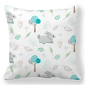 Detailed pattern showing gray bunnies and colorful trees on white square pillow cover - 18x18 Inch / Rabbit Forest Theme