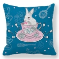 Easter peach skin pillowcase with white rabbit in a teal floral teacup pattern - 18x18 Inch / White Rabbit in Cup on Dark Cyan (26)