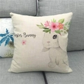 Close-up of Easter Bunny watercolor print on textured linen pillowcase on a sofa - 45x45cm / Easter Bunny with Flower Crown (Easter Bunny)