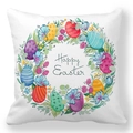 Λευκή μαξιλαροθήκη Happy Easter με ακουαρέλα στεφάνι λουλουδιών και πολύχρωμα αυγά - Στυλ με Ανθισμένο Κύκλο και Αυγά (23)