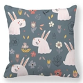Nordic Easter bunny and floral illustration throw pillow with peach skin texture fabric - 18x18 Inch / Grey Blue Illustration Rabbit