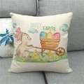 Funda de cojín de lino Felices Pascuas con diseño de conejo y huevos en sofá - Carro de Conejo con Pollito y Huevos (9)