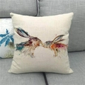 Detail view of linen Easter pillowcase featuring two rabbits in a watercolor art style - 45x45cm / Kissing Watercolor Hares