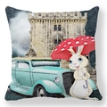 Easter rabbit pillow cover with watercolor bunny, vintage car and castle print - 18x18 Inch / White Rabbit with Mushroom Umbrella and Mint Green Car (28)