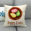Linen Happy Easter pillowcase with bird nest and colorful eggs on a sofa - Vintage Tri-color Eggs (12)