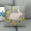 Detail of Easter linen pillowcase showing white rabbit silhouette and floral wood texture - Bunny Silhouette Wood Grain Background Style (6)