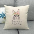 Detailed texture of linen pillowcase with watercolor mama Bunny design on gray sofa - 45x45cm / Grey Rabbit with Wreath (mama Bunny)