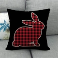 Detail of bunny silhouette in buffalo plaid on a rustic black linen Easter pillow cover - Black Base Plaid Bunny Silhouette Style (10)
